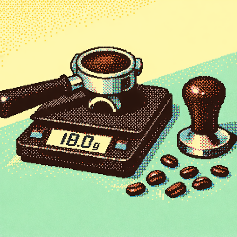 에스프레소 분쇄도 세팅 - 18g 도징량이 표시된 저울과 포터필터